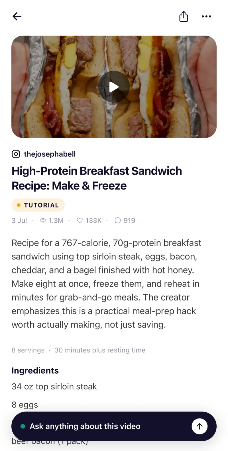 A saved cooking video in Hoardmark, turned into a recipe card with servings, time, and ingredients